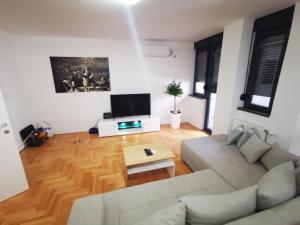 een woonkamer met een bank en een tafel bij Riviera Apartments in Niš