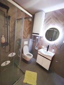 een badkamer met een douche, een toilet en een wastafel bij Riviera Apartments in Niš