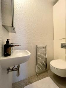 a bathroom with a sink and a toilet at Cosy Shoreditch flat in London
