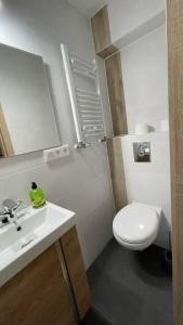 a bathroom with a white toilet and a sink at Apartament U Waldka in Mechelinki