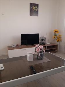 - un salon avec une télévision et une télécommande sur une table basse dans l'établissement Apartman Vukoja - Posušje, à Posušje