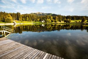 a view of a lake with a wooden dock at Pension Wolfsegg in Kirchberg in Tirol