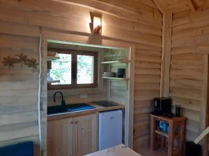 a kitchen with a sink and a window in a log cabin at Le Jardin Des Cabanes in Gilly-sur-Loire