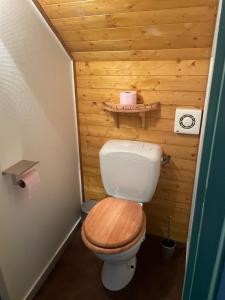a small bathroom with a toilet in a wooden wall at Appartement 6/8 pers Le Petit Bertin in La Bresse