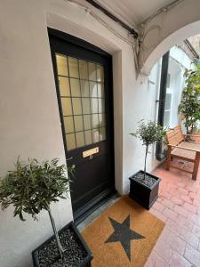 a black door with two potted plants and a star at Luxury London English Charm in London