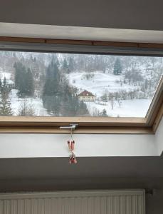 a window with a view of a snow covered field at Appartement 6/8 pers Le Petit Bertin in La Bresse