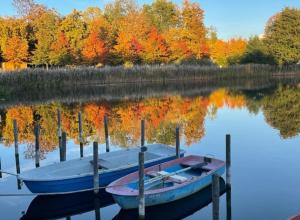 two boats docked on a lake with fall foliage at Neubrandenburg in Gützkow