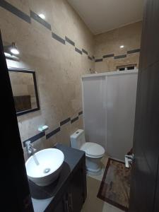 La salle de bains est pourvue de toilettes blanches et d'un lavabo. dans l'établissement Casa Real Santa Fé, à Villa de Alvarez