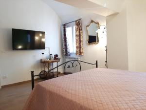1 dormitorio con 1 cama y TV en la pared en Chrizia en Novi Ligure