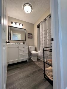 a bathroom with a sink and a toilet and a mirror at 4 Bedroom Lakefront Home with Private Beach on Cedar Point Chaussee in Sandusky +75 photos