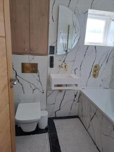 La salle de bains est pourvue de toilettes blanches et d'un lavabo. dans l'établissement Newly Renovated Flat with Parking space, à Canterbury
