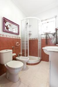 a bathroom with a toilet and a shower and a sink at Seagulls' House in Nazaré