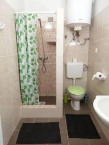 a bathroom with a shower and a toilet and a sink at Kék Vándor Vendégház 