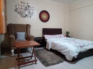 a bedroom with a bed and a chair at Budget Studio Apartment - with Fast Wifi and Netflix in Nairobi