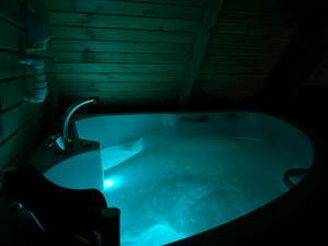 bañera con grifo en una habitación oscura en Hidden Garden Bungalow, en Trabzon