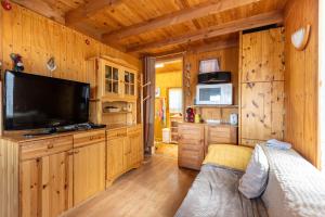 a living room with a flat screen tv in a wooden cabin at Chalet Sérénité - Tranquillité et Très Belle Vue in Puyvalador