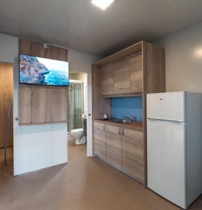 eine Küche mit einem Kühlschrank und einem TV an der Wand in der Unterkunft Micro-Cabin by the Kolpa River Metlika in Gradac