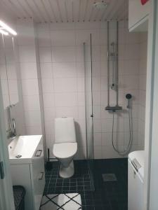 een badkamer met een douche, een toilet en een wastafel bij Tampere Kannen Topaasi - Apartment by the Nokia Arena in Tampere