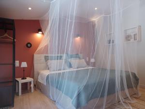 1 dormitorio con 1 cama cubierta de mosquiteras en Shanti Home, en La Tour-sur-Orb