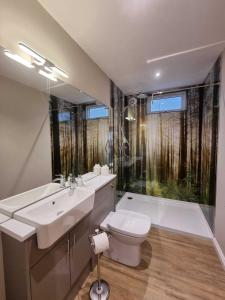a bathroom with a sink and a toilet and a tub at Chestnut Lodge with Hot Tub in Cupar