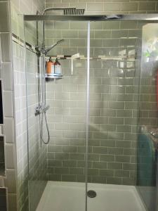 a shower with a glass door in a bathroom at Beautiful 2-Bed Apartment near Waterford City in Waterford