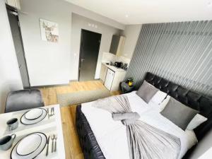 a bedroom with a large bed and a stove at Studios next to Emirates Stadium in London