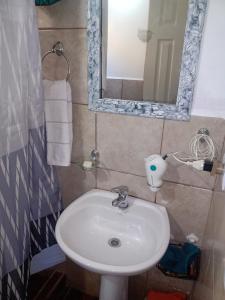 un bagno con un lavandino bianco e uno specchio di ARoss a Ushuaia