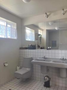 La salle de bains est pourvue de toilettes, d'un lavabo et d'un miroir. dans l'établissement Central by the Church *Family Villa, à Akureyri