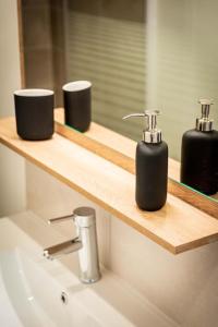 lavamanos en el baño con 2 dispensadores de jabón en un estante en L'Albatros 009 - Hypercentre * Cosy * Wifi, en Saint-Quentin