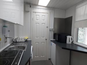 a small kitchen with a sink and a white door at Garden Studio Cottage in London