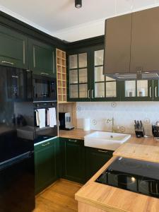 a kitchen with green cabinets and a sink at Apartments PSD Anny Łajming 3B in Słupsk