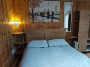 倫敦的住宿－Garden Studio Cottage，一间卧室配有一张带蓝色床单的床,墙上挂着一张照片