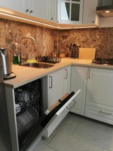an open dishwasher in a kitchen with a sink at Zakopane apartament in Zakopane