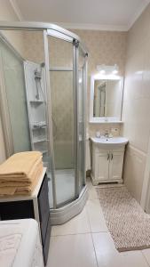 a bathroom with a shower and a sink at Apartment in the Centre of City in Dnipro