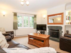 a living room with a couch and a fireplace at Holly Cottage in Ambleside