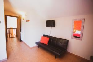 サルデスにあるCa l'Andreuのリビングルーム(黒いソファ、赤い枕付)