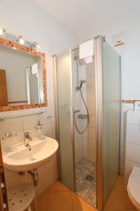 a bathroom with a shower and a sink at Gasthof Leitner - Der Wirt an der Klamm in Donnersbach