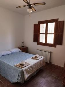 - une chambre avec un lit et un ventilateur de plafond dans l'établissement Molino Viejo, Jauca Baja, 04899 El Hijate, Almeria Province Spain, à El Hijate