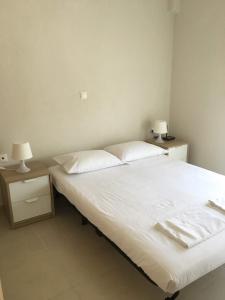 ein Schlafzimmer mit einem Bett und einem Nachttisch mit zwei Lampen in der Unterkunft Spacious Apartment Skala Fourkas in Skála Foúrkas