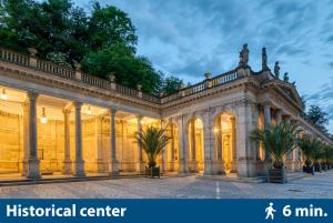 an ornate building with palm trees in a courtyard at Apartment Amélie in Karlovy Vary
