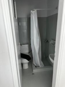 uma pequena casa de banho com WC e chuveiro em Santorini Style Rooms em Vóthon