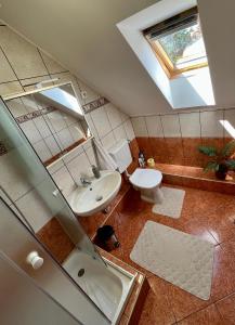 łazienka z umywalką, toaletą i oknem w obiekcie Pacek Keco w Alsóörs