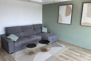 a living room with a gray couch and two tables at Le Mistral Appartement Standing vue mer in Le Grau-du-Roi