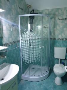 a bathroom with a shower and a toilet and a sink at Hotel Mya in Bistriţa