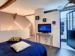 a bedroom with a bed and a tv on a table at Suzy home in Moisenay
