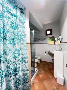 uma casa de banho com um chuveiro e um WC. em Villetta a 30 mt dal mare em Trabia