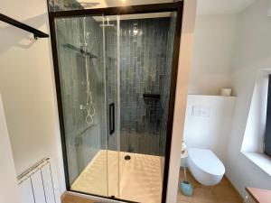 a glass shower in a bathroom with a toilet at Gite Pays de Herve - Emeraude in Battice