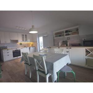 a kitchen with a table and chairs in a kitchen at Apartman Nada in Ozalj