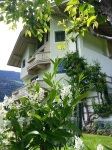 um edifício com flores brancas em frente em Appartements St. Leonhard em Aschau