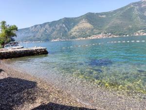 a beach with a boat in the water at Trinity Apartment Seafront in Kotor